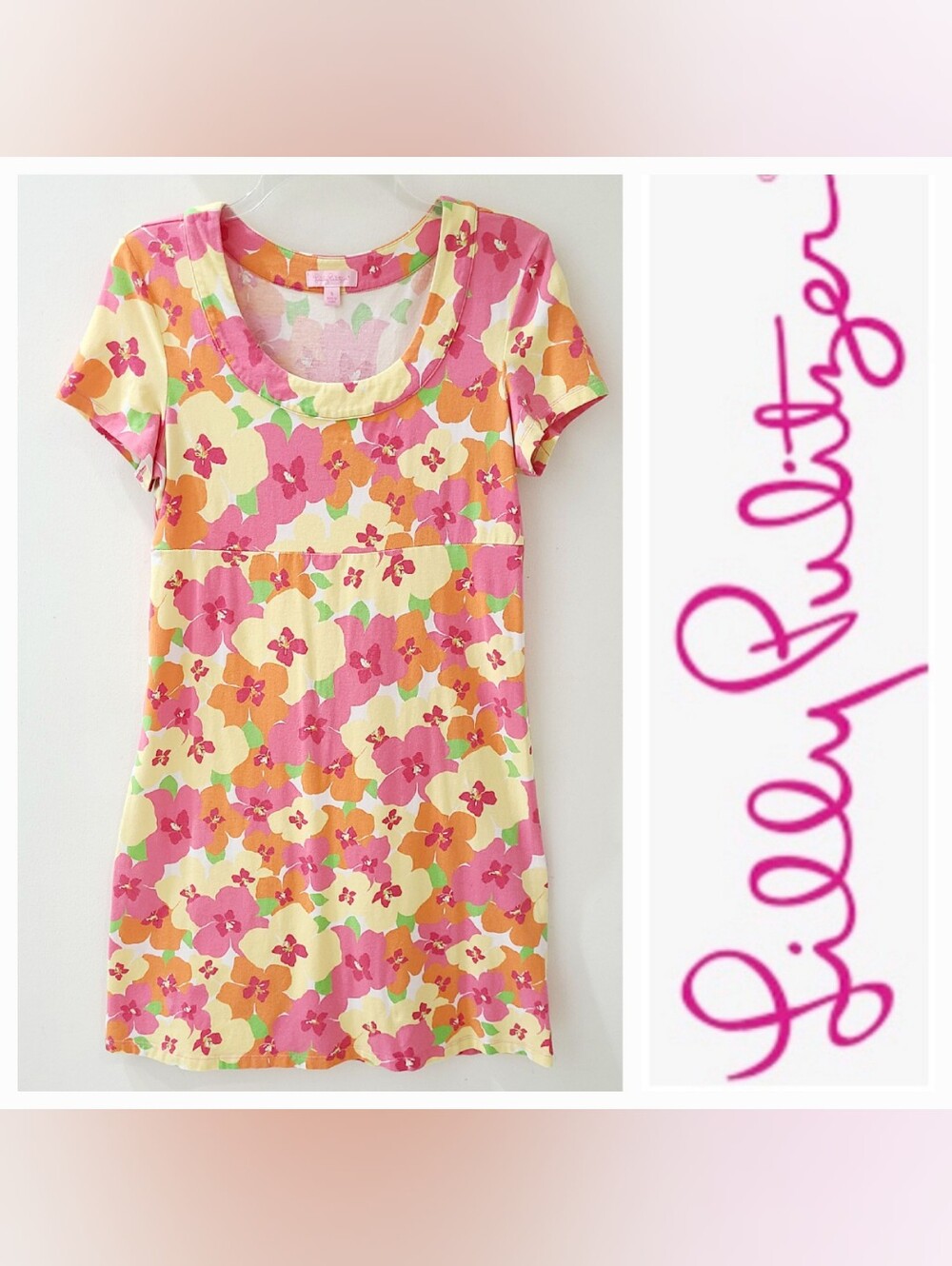 Lilly Pulitzer "Kelsea" Jersey Knit T-shirt Dress Pink/Yellow Floral Sz Small